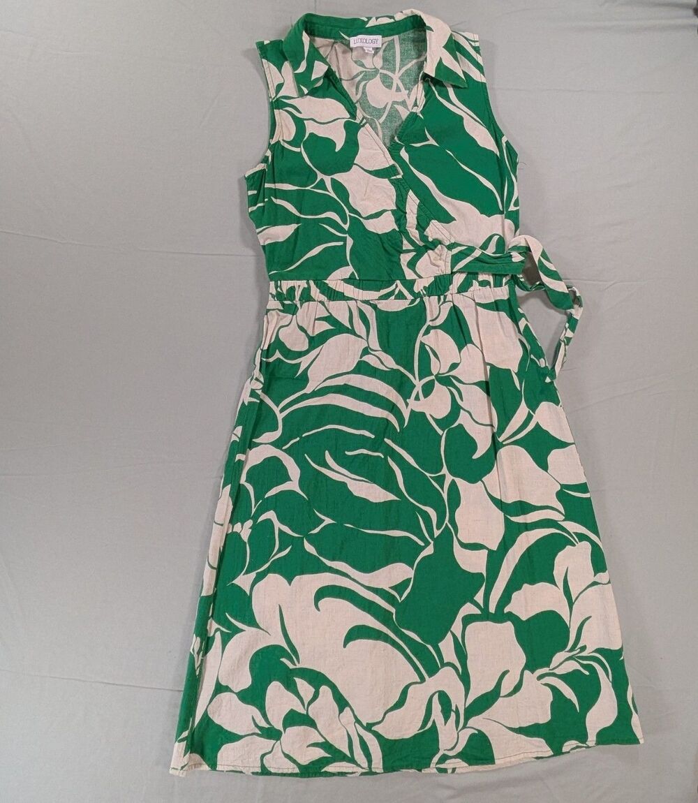 Luxology floral Rayon Linen sleeveless midi dress S green white Faux Wrap